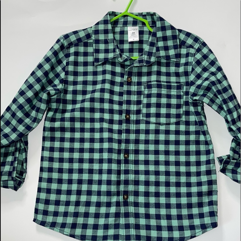 Checker green and blue long sleeve shirt.